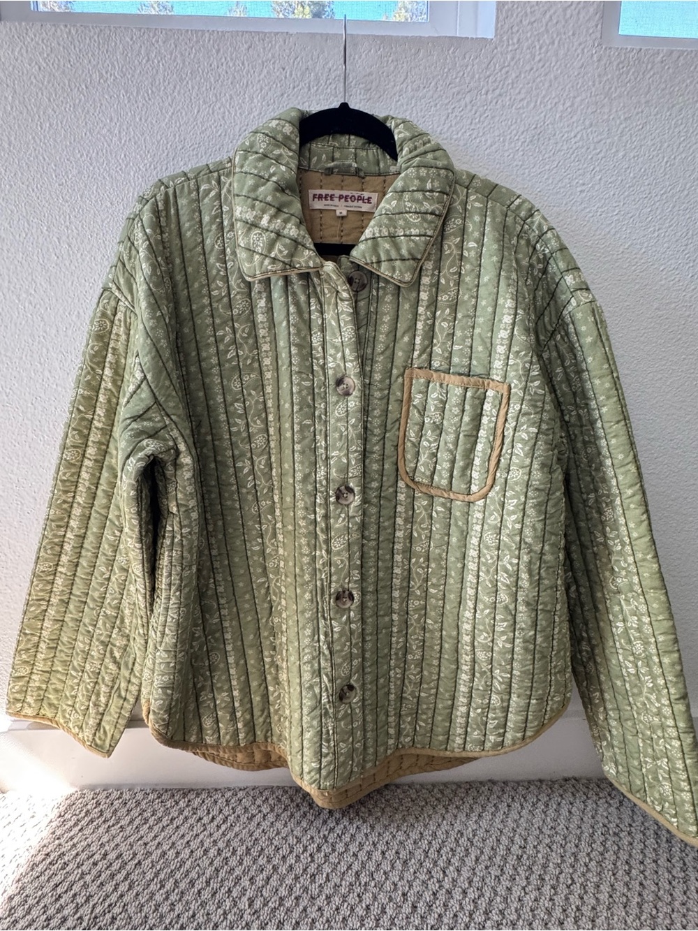 Free People Alexie Quilted paisley print Jacket in Olive, relaxed boxy fit